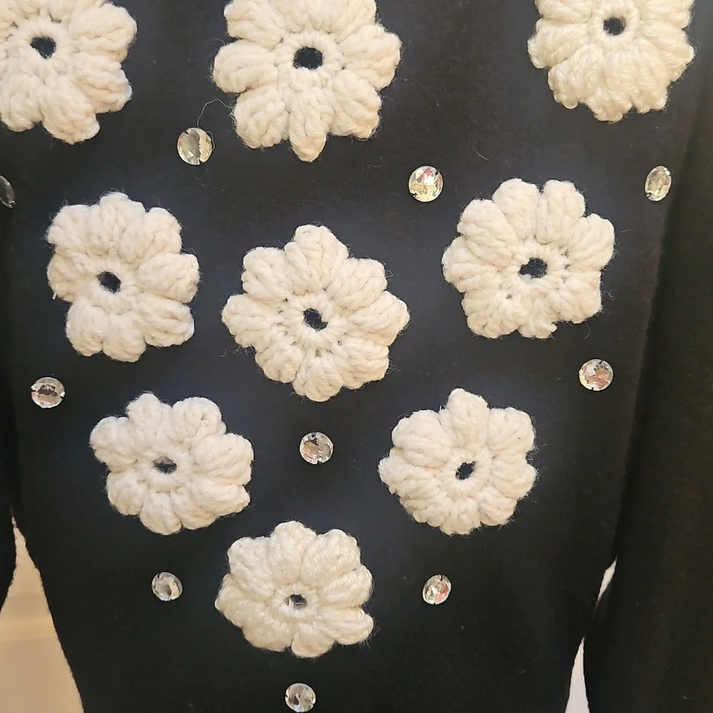 ANNE KLEIN Black Sweater with Cream 3D Flowers and Rhinestone Embellishments